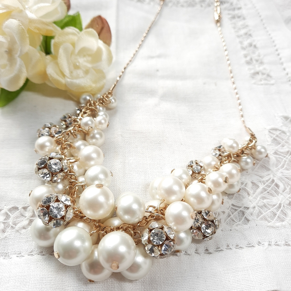 Faux Pearl & Crystal Disco Ball Necklace Gold Tone